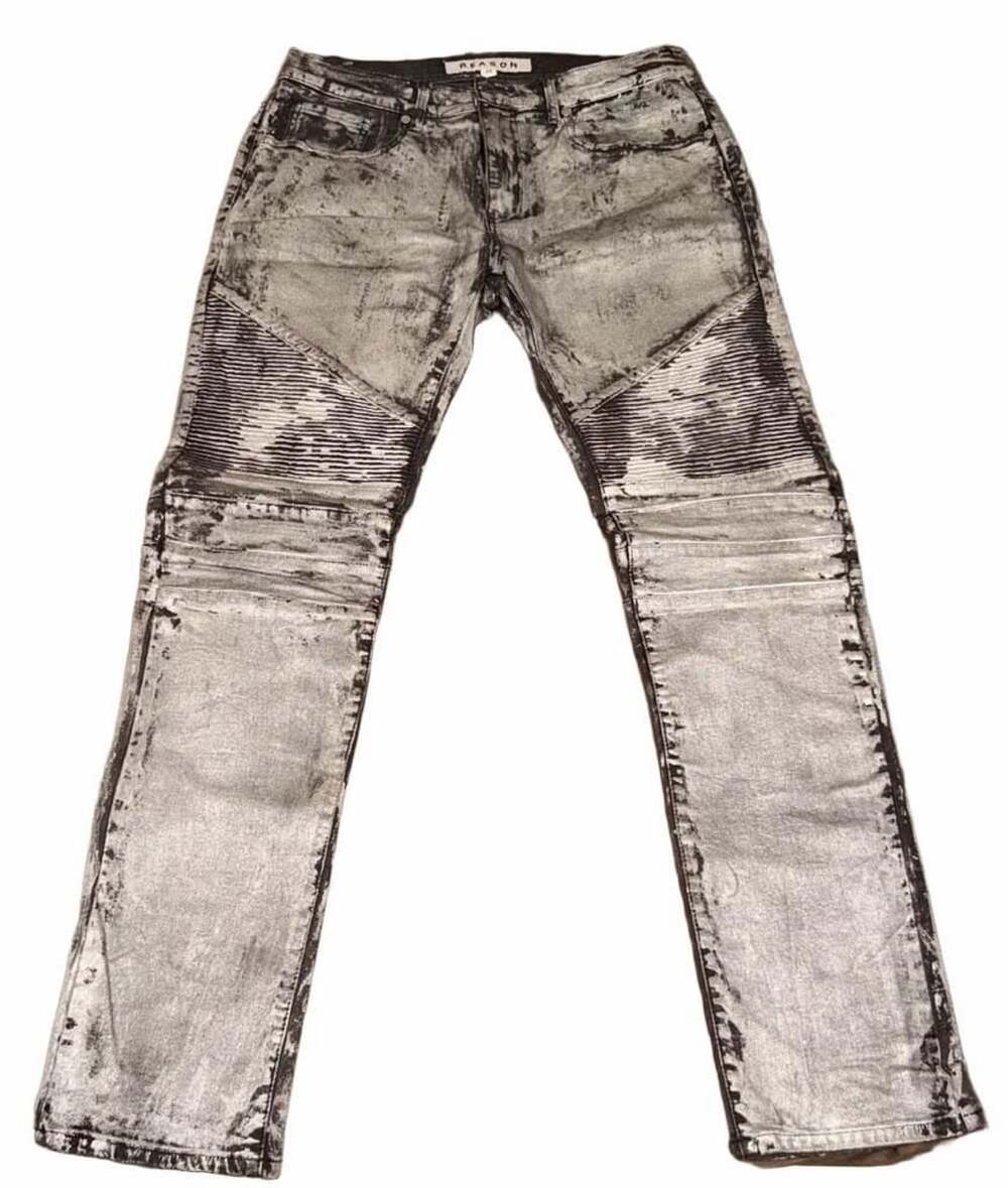 Reason Clothing Black Pike Slim Fit Biker Denim Pants silver Faded Black